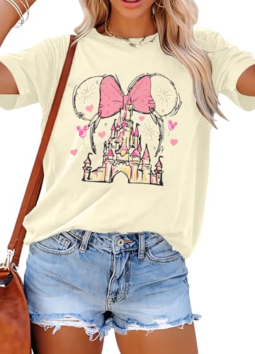 Women Magic Kingdom Shirt Castle Graphic Shirts Casual Family Vacation Holiday T Shirt Cute Short Sleeve Tee Top Apricot