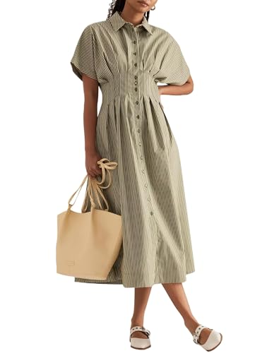 Women’s Button Front Pleated Shirt Maxi Dress Short Sleeve Collar Striped Summer Casual Long Swing Blouse Dress