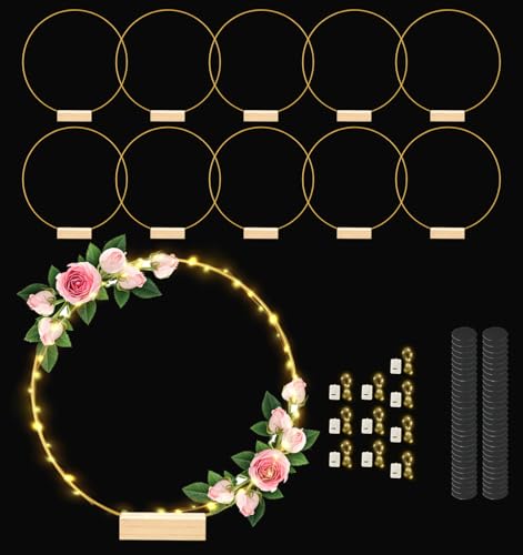 12 Inch 10 Sets Metal Floral Hoop Centerpiece with Wood Stands and LED Fairy Lights Gold Metal Rings for Christmas Party Dream Catcher Wedding Table Wreath Decor Wall Hanging Wreaths