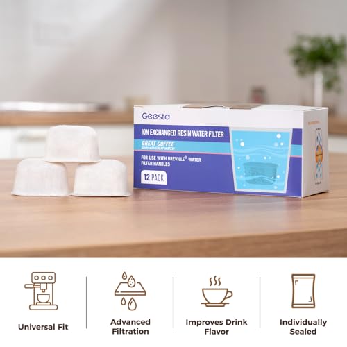 Image of Geesta 12-Pack Resin Water Filters for Breville BWF100 | Replacement Filters for Breville Espresso Machine Barista Express, Ion Exchange Resin Softens Water, Reduces Impurities