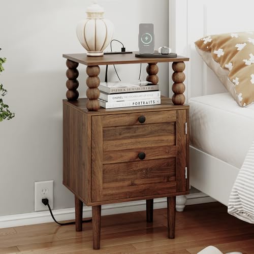 Image of Veegle Nightstand with Charging Station,Retro Bedside Table,Dark Walnut