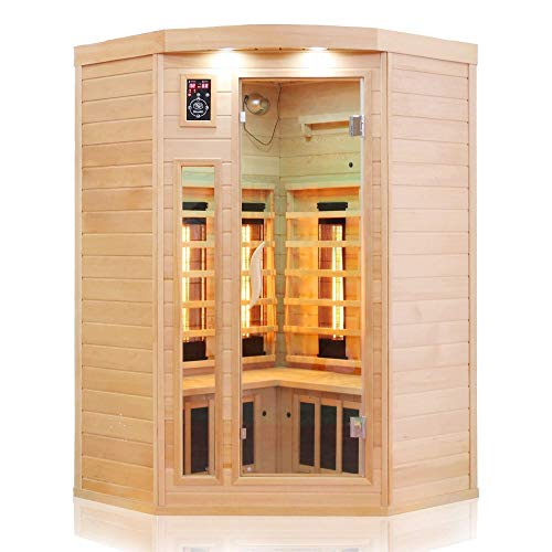 Dewello-Eckinfrarotkabine-Infrarotsauna-Lakefield-120cm-x-120cm-fuer-1-2-Person-inkl-Vollspektrumstrahler-Bodenstrahler-LED-Farblicht