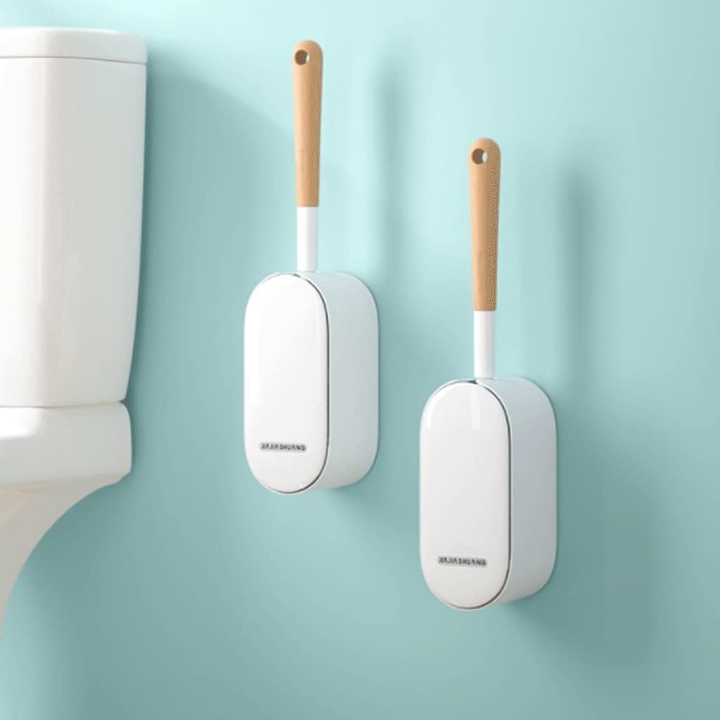 Useful Toilet Brush and Holder with Wood Handle，Curved Design Angled Bathroom Clean Toilet Bowl Brush，Wall Mounted Toilet Scrub Brush Hands-on