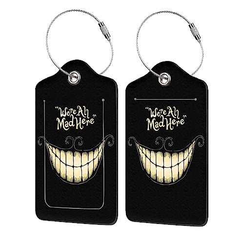 EOBKLAX 2 Pack Luggage Tag for Suitcase,Black Scary Halloween Smile PU Leather Suitcase Tags Identifiers with Privacy Name Address Labels and Durable Steel Loop for Women Men Travel