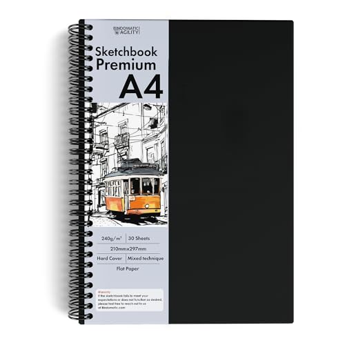 Bindomatic Agility Collection Sketchbook Premium DIN A4, libro para colorear cuaderno de dibujo bloc de bocetos papel 240g para rotuladores pinturas acrílicas Carboncillo y Tinta 30 hojas (A4)