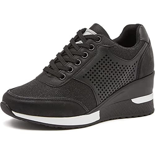 EXECAB Zapatillas de Deporte con cuña para Mujer, Zapatillas con Cordones de tacón de 3,15 ', Zapatos de Plataforma de tacón Oculto Antideslizantes, Zapatos de Boda para Caminar,Negro,36