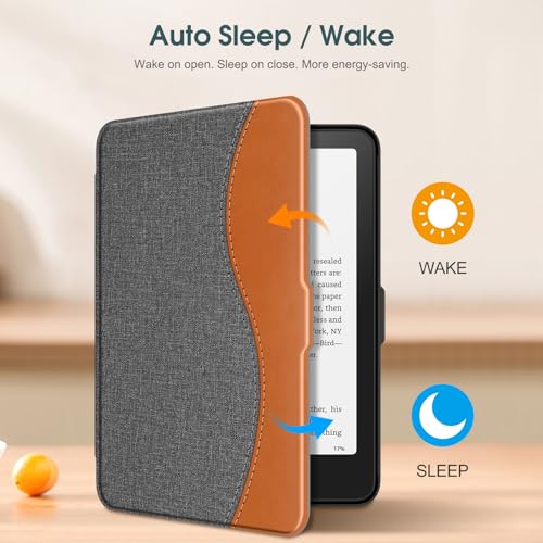 Image of Fintie Slim Case for 7 inch Kindle Paperwhite 12th Gen 2024 & Kindle Colorsoft | Lightweight PU Leather Hard Back Shell Cover, Magnetic Closure, Auto Wake /Sleep, for Kindle Paperwhite 2024, Gray /Brown