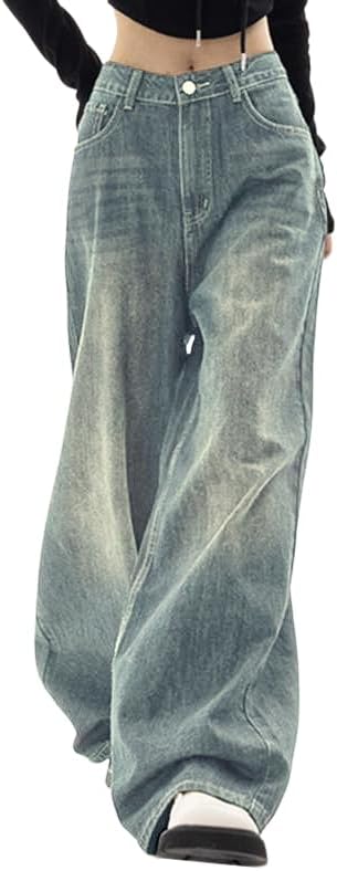 EMMIOL Mid-Low Rise Baggy Jeans for Women, Straight Leg Vintage Boyfriend Jeans with Distressed Details