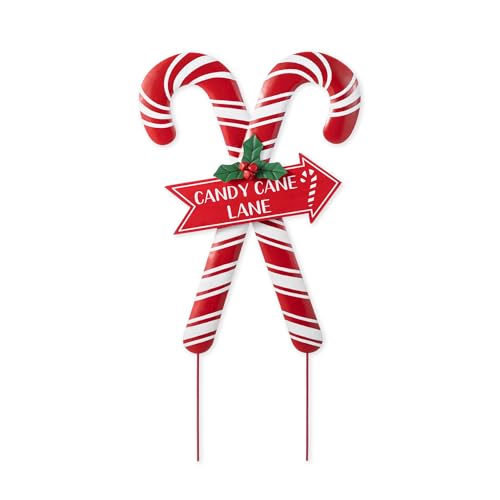 Glitzhome ​Christmas Candy Cane Lane Yard Stake, 30" H Metal Decoration with Holly Sign, Iron & Wood Holiday Display for Indoor and Outdoor, Rustic Festive Garden Decor​​ by Glitzhome - Used condition - US$15.85