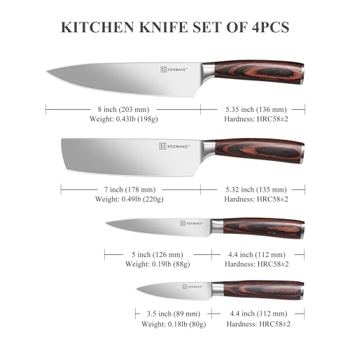 Image of KEEMAKE Kitchen Knife Set of 4pcs - Sharp Kitchen Knives High Carbon Stainless Steel Blade, Chef Knife Set Pakkawood Handle Knives Set for Kitchen, w /Elegant Gift Box