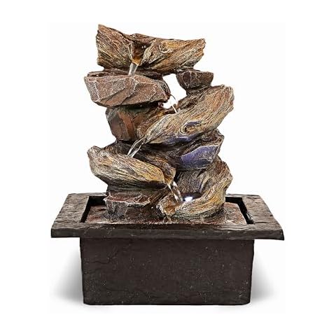 11-inch Waterfall Fountain Indoor from Stacked Cascading 5-Tier Rocky Waterfall Bowls-Tabletop Water Fountain-Indoor Fountains and Waterfalls with Soothing Sounds & in-Pot LED Light Enhancement Cover
