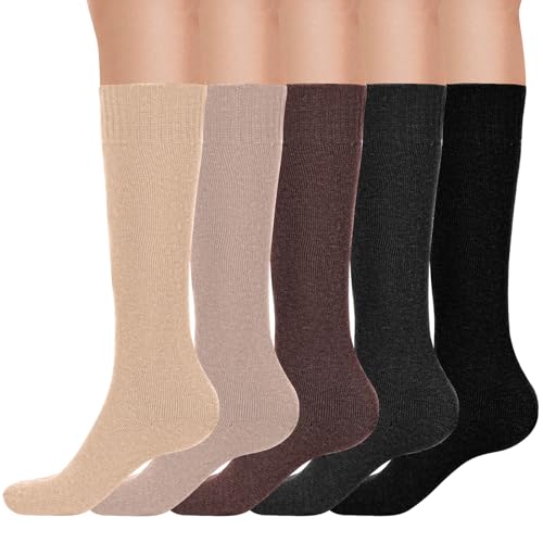 Drolasa 5 Pairs Warm Knee High Socks Set 5 colors Adding Cashmere and Thickening Slight Pressure to Slim Legs Compression Socks Women Polyester Elastic Socks for Women Winter Home Outdoor Sports