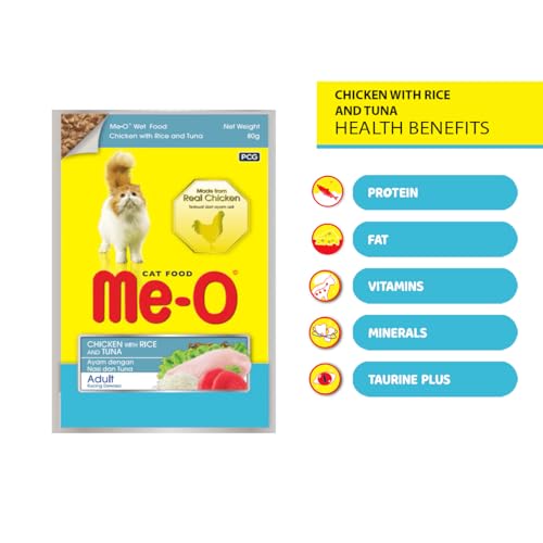 Image of Me-O Wet Food, Chicken with Rice & Tuna 80G, Pack of 12 (80G X 12, 960G), Adult