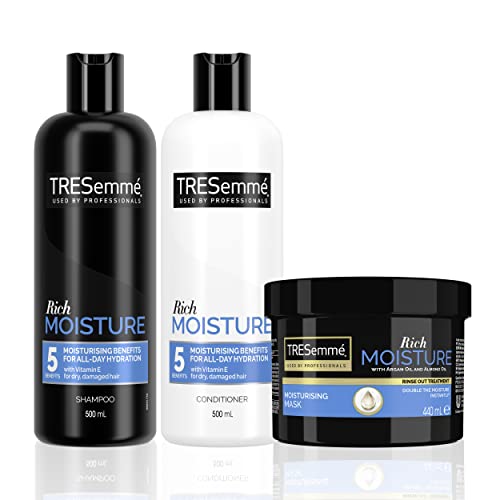 TRESemmé Pack Intensa Hidratación para pelo seco o dañado con Vitamina E, nutre y fortalece, Champú 500ml, Acondicionador 500ml y Mascarilla 440ml, Blanco/ Negro