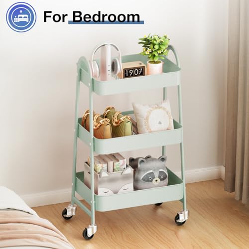 Image of OLIXIS Metal 3 Tiers Utility Rolling Cart with Lockable Caster Wheels, Mobile Storage Shelf, Organization for Livingroom, Bathroom & Narrow Places, Pale Green