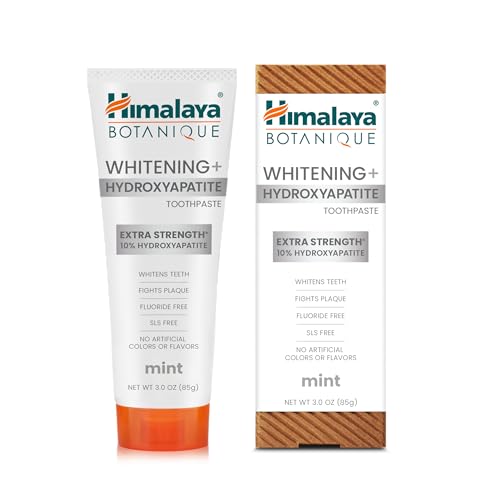 Himalaya Botanique Whitening+ Hydroxyapatite Dentifricio, 10% Idrossiapatite (HA), Menta, senza Fluoro, Rimineralizzazione dal Giorno 7, Vegano, senza Glutine, 85g