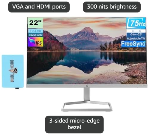 Image of HP M22f 22 inch 1080P FreeSync Monitor 2D9J9AA#ABA Bundle with Docztorm Dock | 22 inch IPS FHD (1920x1080) 75Hz Anti-Glare Display, HDMI, VGA, Ideal for Home & Business (2026 Model) - Pack of 1