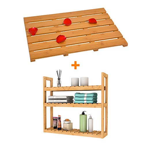 Domax Bamboo Bath Mat and Bathroom Wall Shelf