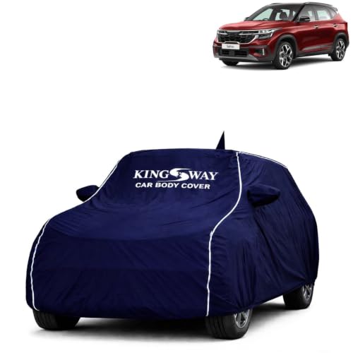 Image of KINGSWAY Super Waterproof Car Cover Only with Kia Seltos (Year 2023 to 2025 - All Model) | Mirror and Antenna Pockets | All Weather Car Body Cover with Silver Piping | Blue