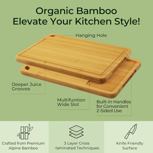 Image of Keechee Bamboo Cutting Board, Cutting Board for Kitchen with Handles | Non Toxic, Resisted-Cracking&Curling, Deep Juice Groove, Side Handles,Cross-Laminated Structure, Knife-Friendly, Gifts Ready