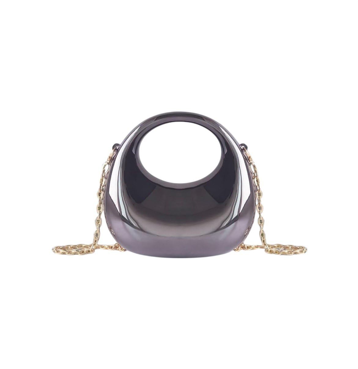 Elegant Crescent Moon Handbag with Gold Chain Strap, Black Patent Finish-image-28