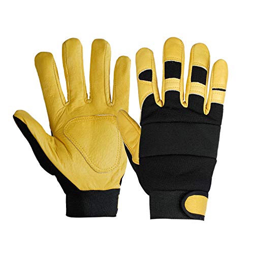 GSG Men Work Gardening Leather Gloves Cowhide Thorn Proof Yard Working Gloves Yellow Large