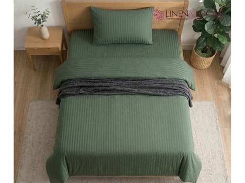Image of Linen & Loom Elegance Series (60x90 inches) Bedsheet with 1 Pillow Covers | Luxury Striped Cotton Blend Bedsheet Set | Soft, Breathable & Hotel-Style Finish | TC 200 (Mediterranean Green)