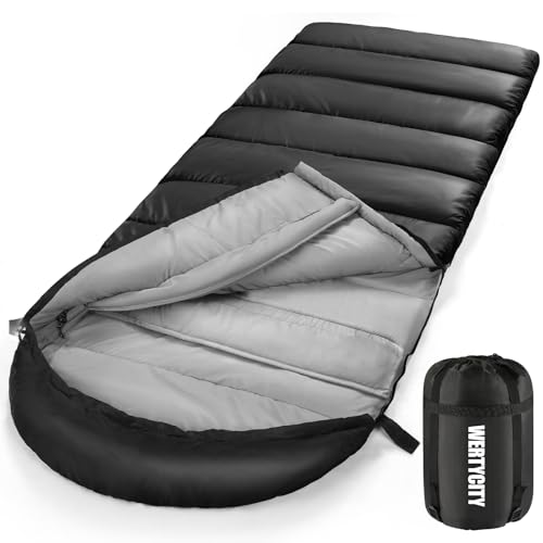 WERTYCITY Sleeping Bags for Adults & Kids Camping, Cool/Cold Weather 40℉ Degree, XL 89x32.6 Inches, No-Snag Zipper with Stuff Sack, 3-4 Season Indoor & Outdoor (Black)