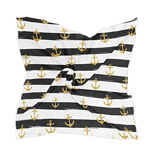 OTVEE Gold Anchor Black Striped Head Scarf for Women, 23.6 inch Silk Like Square Hair Scarf Kerchief Bandana