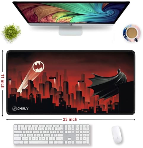 Image of Dark Vigilante Cityscape Desk Mat 58.5x28 cm Gaming Mouse Pad | Red Skyline Hero Design | Waterproof Surface, Anti-Slip Rubber Base, 2mm Thick Extended Mousepad for Laptop, Keyboard & Office Use