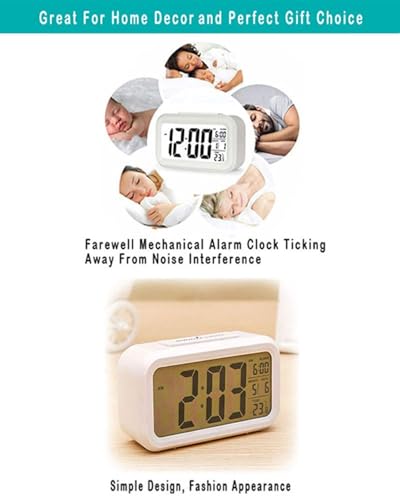 Image of DTL Digital Alarm Clock LED Display with Temperature Big LCD Digit Display Larger LCD Backlit Display Snooze Smart Brightness Sensor for Bedroom Home Office and Travel (White)