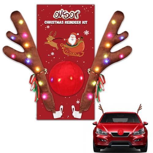 ovsor Car Reindeer Decoration - Christmas Antler with 3 in 1 for Reindeer Car Decoration Red Nose & Jingle Ball as Way of Expanding Christmas Spirit
