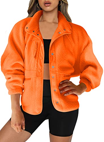 Senserise Womens Oversized Fuzzy Fleece Jacket Lapel Faux Fur Button Down Sherpa Outerwear Winter Coat(Orange,S) #TOP1