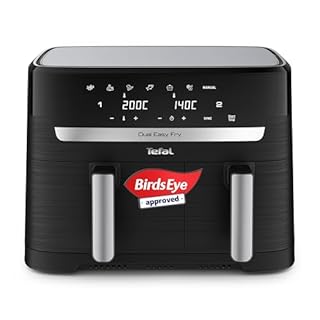 Tefal Easy Fry Dual Zone Digital Air Fryer, 2 Drawers, 8.3L, 8in1, Air Fry, Extra Crisp, Roast, Bake, Reheat, Dehydrate, 6 Portions, Non-Stick, Dishwasher Safe Baskets, Black & Metal EY901840