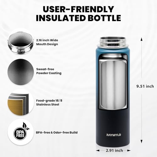 Image of RAYMYLO Insulated Water Bottle 20 oz, Triple Wall Vacuum Stainless Steel (Cold for 24Hrs, Hot for 12Hrs), Leak Proof & Non-BPA, Modern Water Bottle Jug for School with Straw Spout Lids
