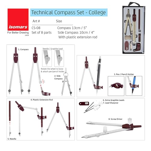 Image of Isomars Technical Compass Set | Set of 8 Items | For Engineers and Architects