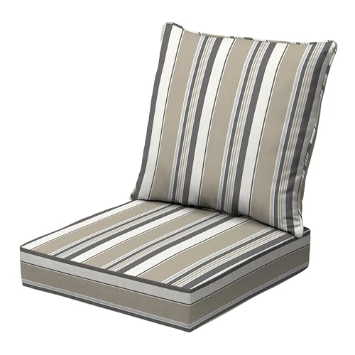 Image of Arden earthFIBER Outdoor Deep Seat Cushion Set, 24 x 24, Rain-Proof, Fade Resistant, Deep Seat Bottom and Back Cushion for Chair, Sofa Taupe Grey Boardwalk Stripe