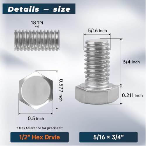 Image of 10 Sets Glvaner 5 /16-18 x 3 /4 inch Stainless Steel Hex Head Screws Bolts, Nuts, Flat & Lock Washers, 18-8 (304) Stainless Steel, Full Thread, Coarse Thread