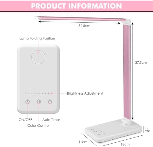 JOSTIC Desk Lamp, LED Desk Light with 10 Brightness Levels, 5 Color Temperatures, USB Power, Foldable Dimmable Table Lamp, Timer & Memory, Touch Control, Eye Caring Lamp for Reading Work Study Nail - 4