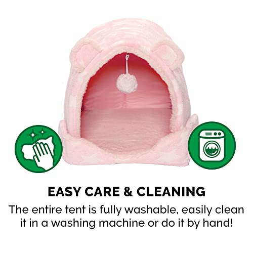 Image of Furhaven Cat Bed Snuggle Hideout for Indoor Cats & Small Dogs, Washable & Foldable w / Plush Ball Toy - Snuggle Hideout Pet Tent - Pink Stars, Small