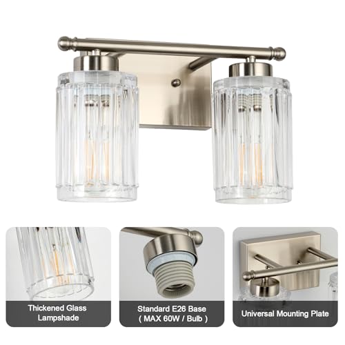 Image of 2 Light Bathroom Light Fixtures Modern Brushed Nickel 12 Inch Vanity Lights for Bathroom Lighting Fixtures Over Mirror with Thickened Glass Shade for Cabinet Mirror Bedroom Hallway