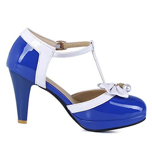 SHEMEE Women's Patent Leather T-Strap Mary Jane Pumps Chunky High Heel Platform Ankle Strap Buckle Round Toe Cute Bow Kawaii Cosplay Shoes3