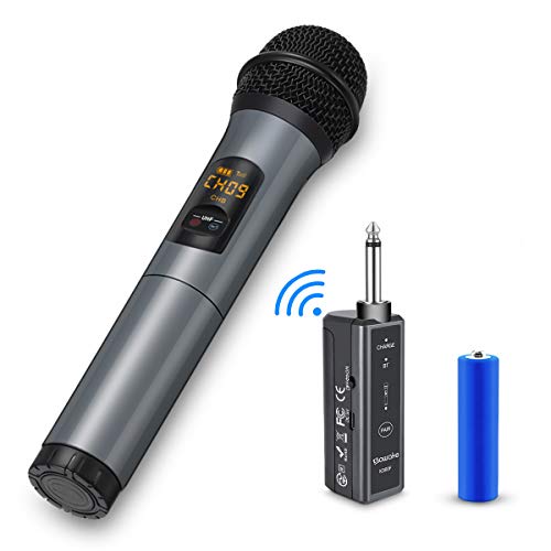 Wireless Microphone, 10 Channel UHF Wireless Bluetooth Microphone System, Dynamic Handheld Cordless Mic with Rechargeable Receiver for Karaoke/Singing/Church/Speech (100ft Range, Work 10hrs)