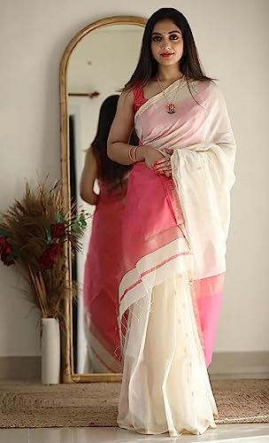 Image of SGF11 Women's Kanjivaram Soft Cotton Linen Silk Saree With Blouse Piece (White)