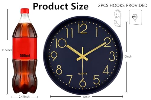 Image of Wall Clock, Silent Wall Clocks Battery Operated 10 Inch- Modern Non Ticking Analog Clock with Large Numerals Tempered Glass Clocks for Bedroom Living Room Kitchen Office Decor, Navy Blue