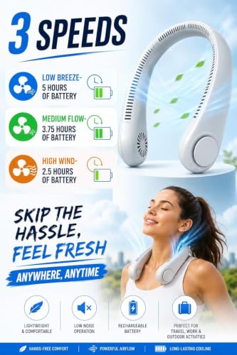Image of BIGASUO Neck Fan Portable Wearable Cooling Fan 360 Airflow Hair-Safe Hanging Design 3-Speed Adjustable Rechargeable 4000mAh for Home Travel (1496) (Black, B028)