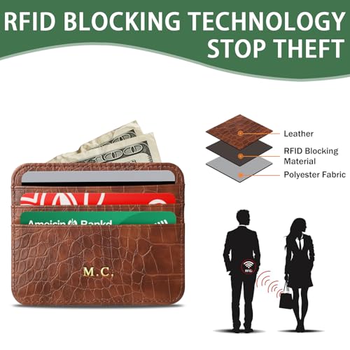 CUSTPERS Custom Card Holder, Gold or Silver Initials Double-sided Credit Cardholder Wallet, PU Leather Credit Card Holder Card Protector, Gift for Men or Women (Crocodile Pattern-Black)3