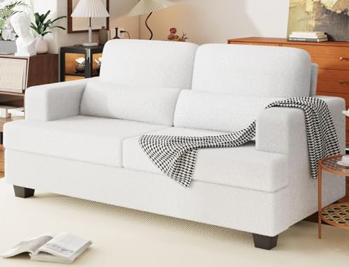 smilesun 63\" Loveseat Sofa, Oversized 2 Seater Couch, Comfy Teddy Velvet Love Seats, Modern Arm Chair with Deep Seat, 2 Lumbar Pillows, Couches for Living Room, White