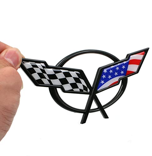 Image of Front Nose Cross Flags Emblem Car Badge Replacement for 97-04 Corvette C5 Chevrolet Decal 19207384 19207385 (Front - w /Alignment Pins) (US Flag-Black /Blue)