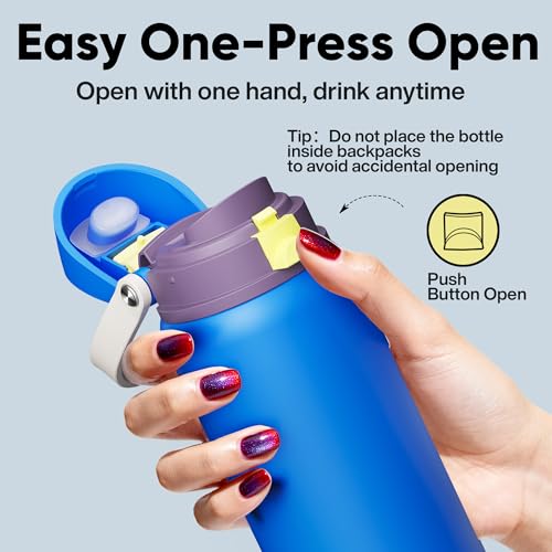 Image of Insulated Water Bottle with Straw - Encool Stainless Steel Water Bottle with Push Button Lid, Leak-Proof & BPA-Free, Keeps Cold for 24 Hours for Sports, Travel, Gym (32 oz, Sapphire)